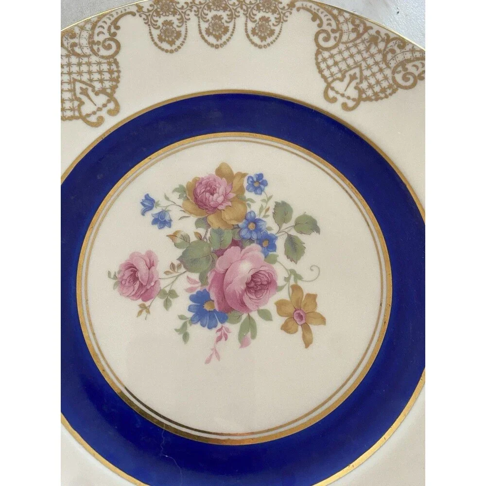 Translucent China Dinner Plate Made In Usa Cobalt Gold 8 Piece Set 1940's-1960's
